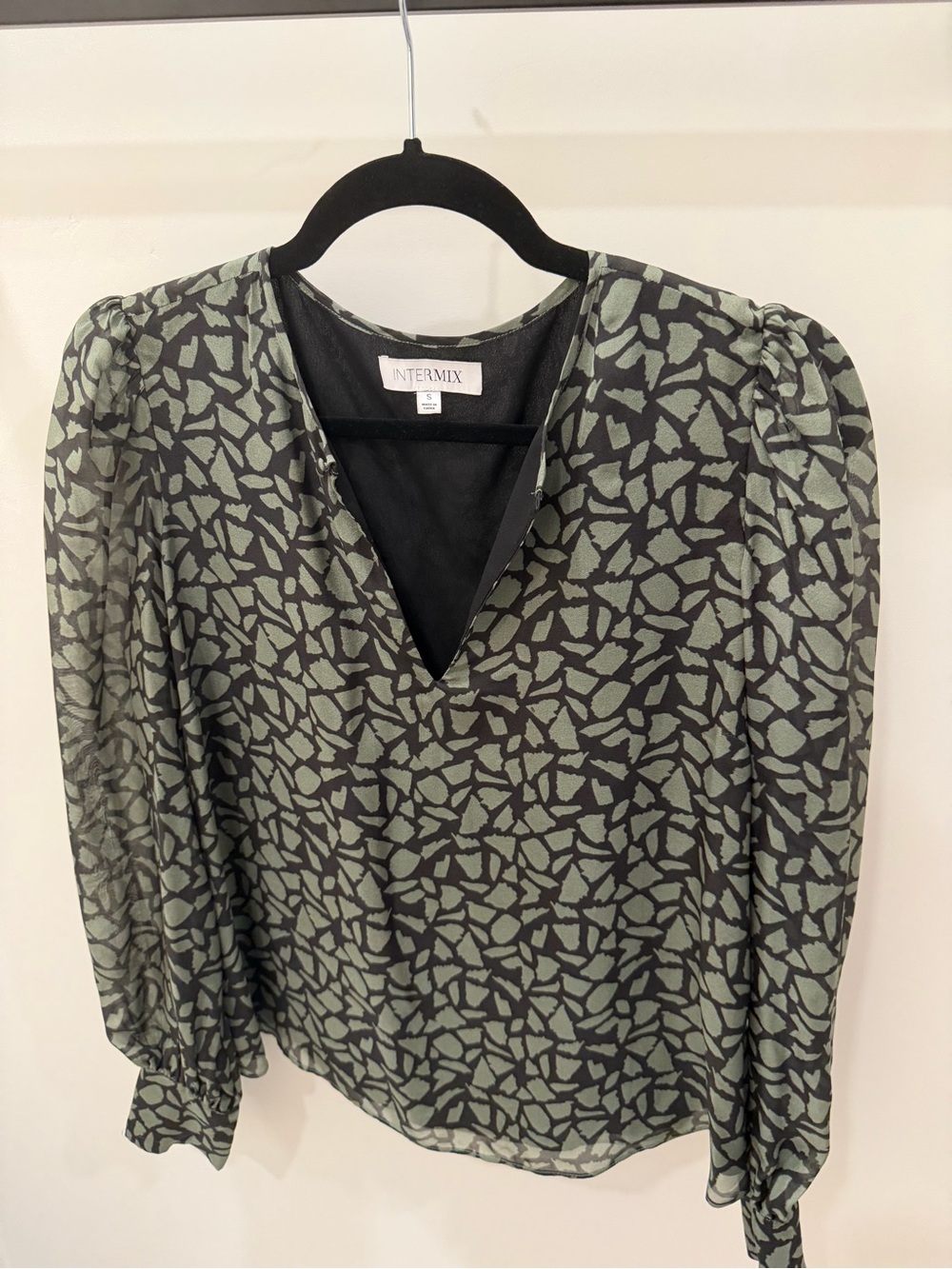 INTERMIX Black and Sage Abstract V-Neck Blouse